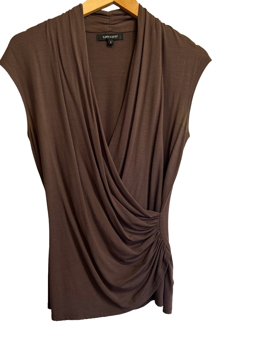 Vintage Karen Kane Y2K Chocolate Brown Ruched Faux-Wrap Top